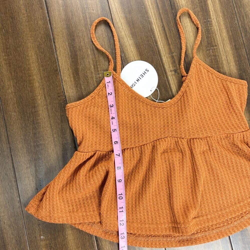 NWT Rust Orange Ribbed Crop Top, Baby Doll, Ruffle Hem Y2K Thin Straps Bella - Picture 10 of 11